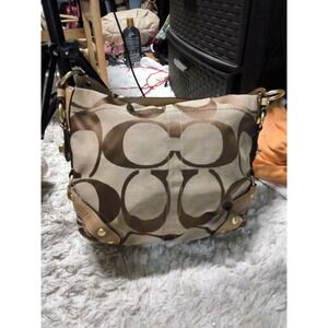 7.Coach Signature Carly Khaki Brown Jacquard Canvas Hobo Bag 12871